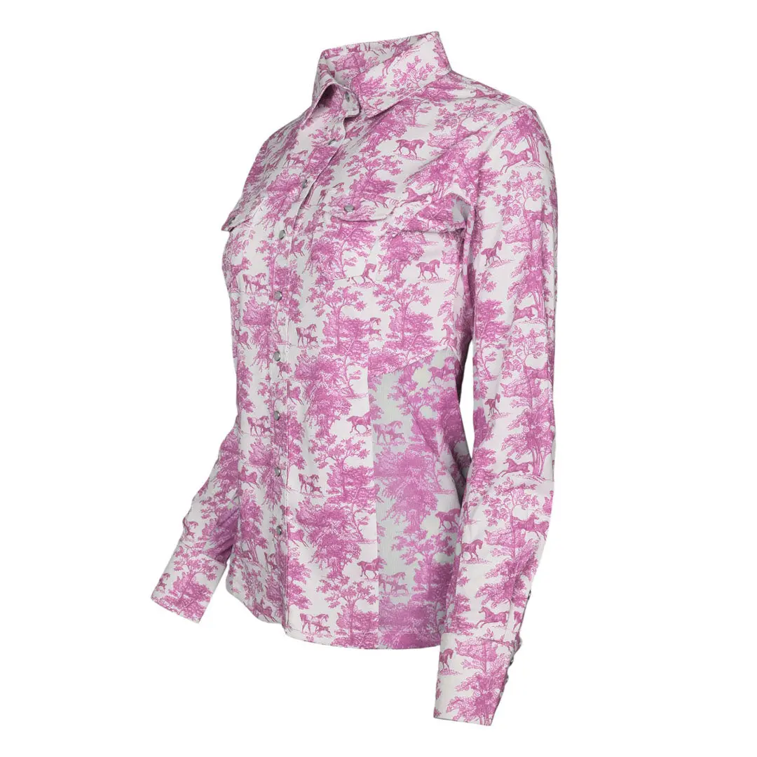 Dapplebay Equestrian Toile Button Down Western Shirt-Rose/White 2