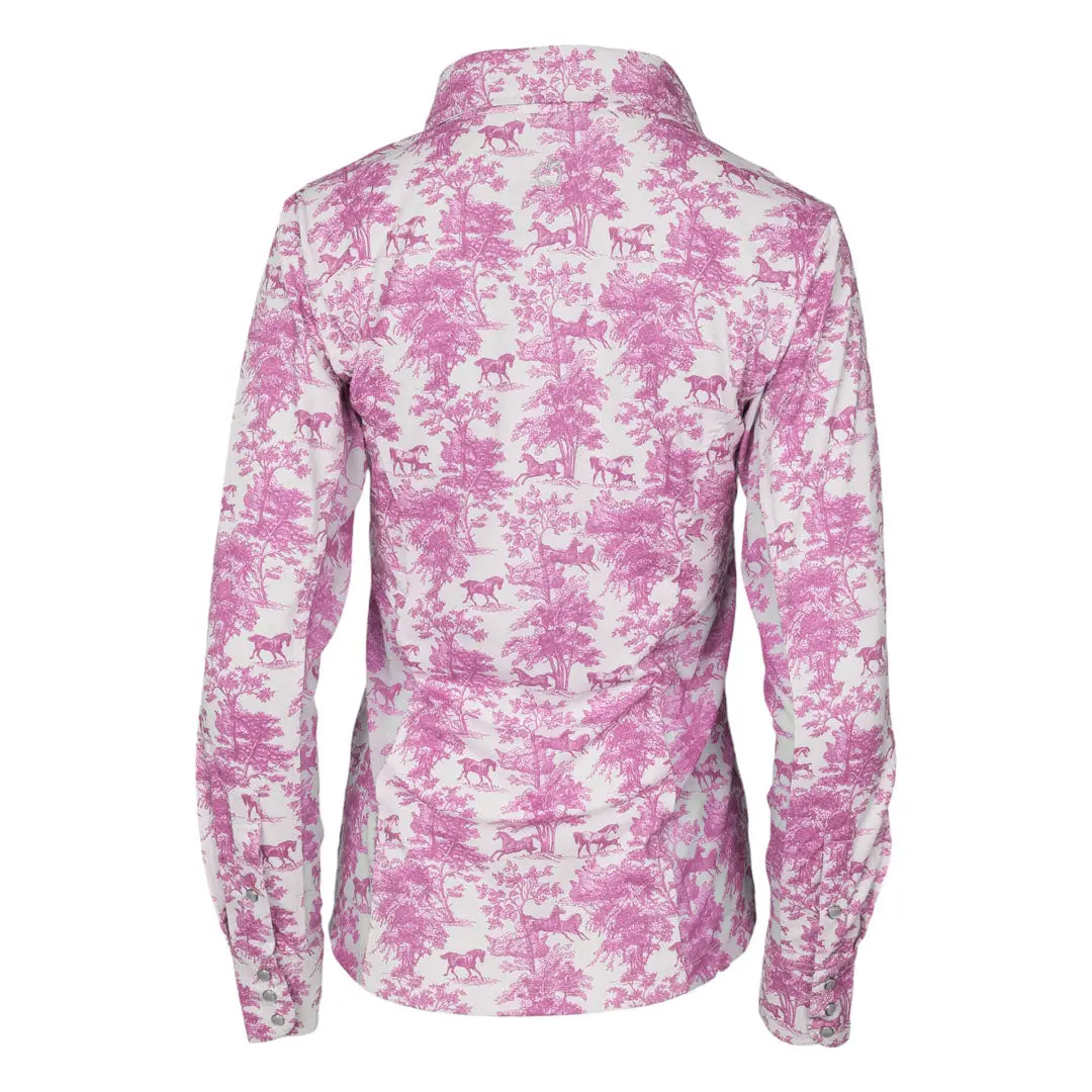 Dapplebay Equestrian Toile Button Down Western Shirt-Rose/White 3