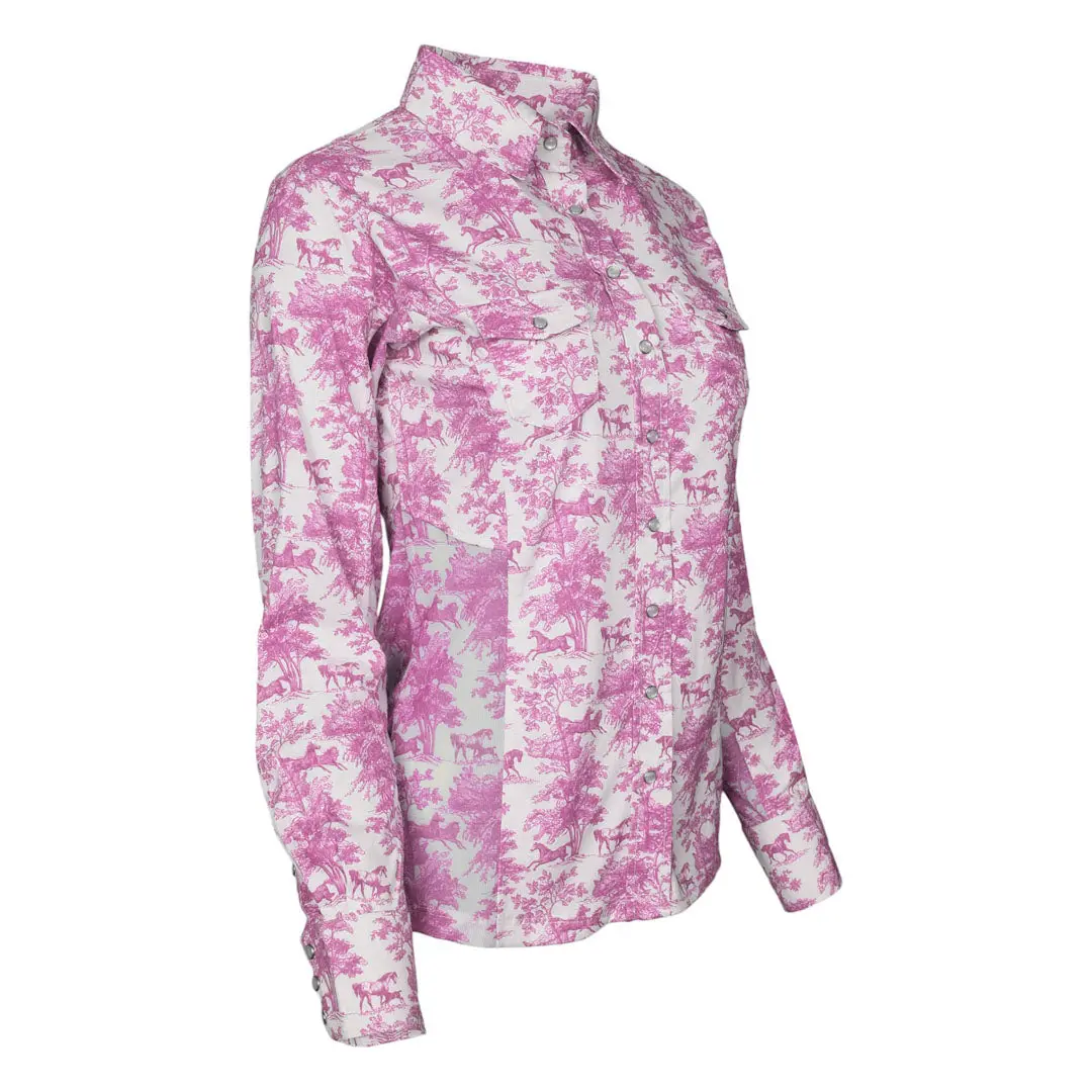 Dapplebay Equestrian Toile Button Down Western Shirt-Rose/White 4