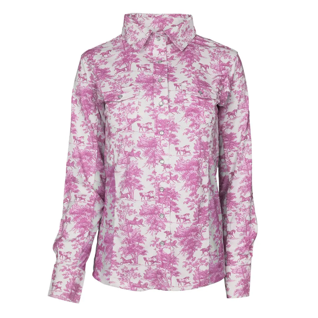 Dapplebay Equestrian Toile Button Down Western Shirt-Rose/White 5