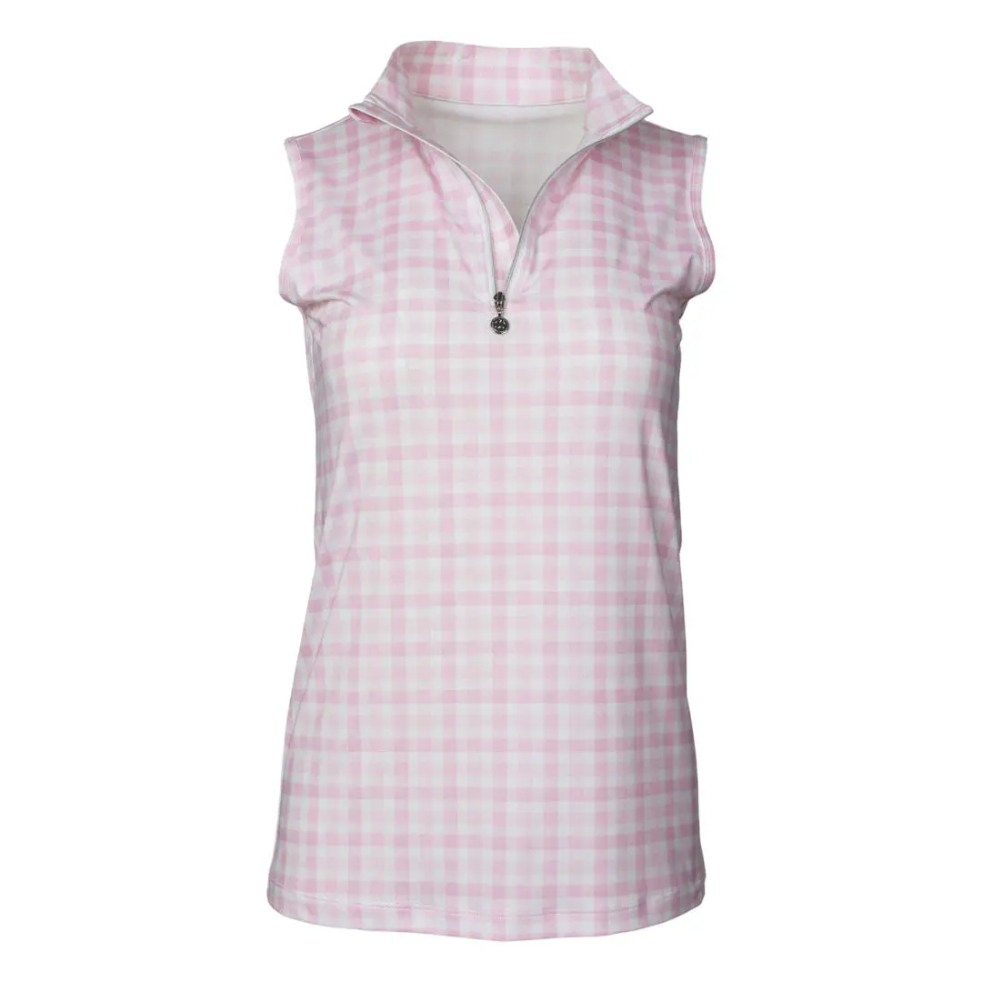 Dapplebay Gingham 1/4 Zip Riding Top - Sleeveless-Pink/White 1