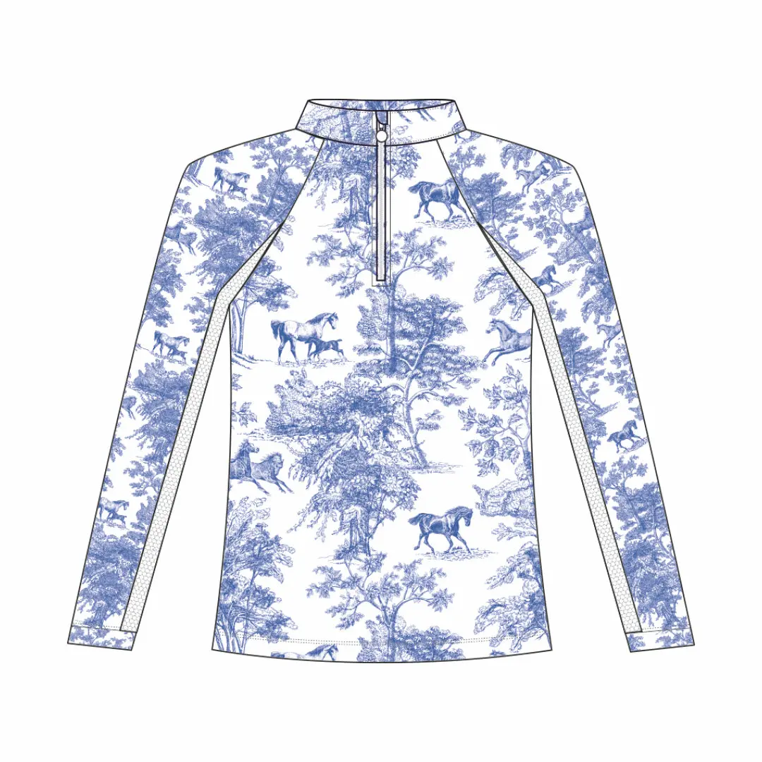 Dapplebay Kids Blue Equestrian Toile 1/4 Zip - Long Sleeve 1
