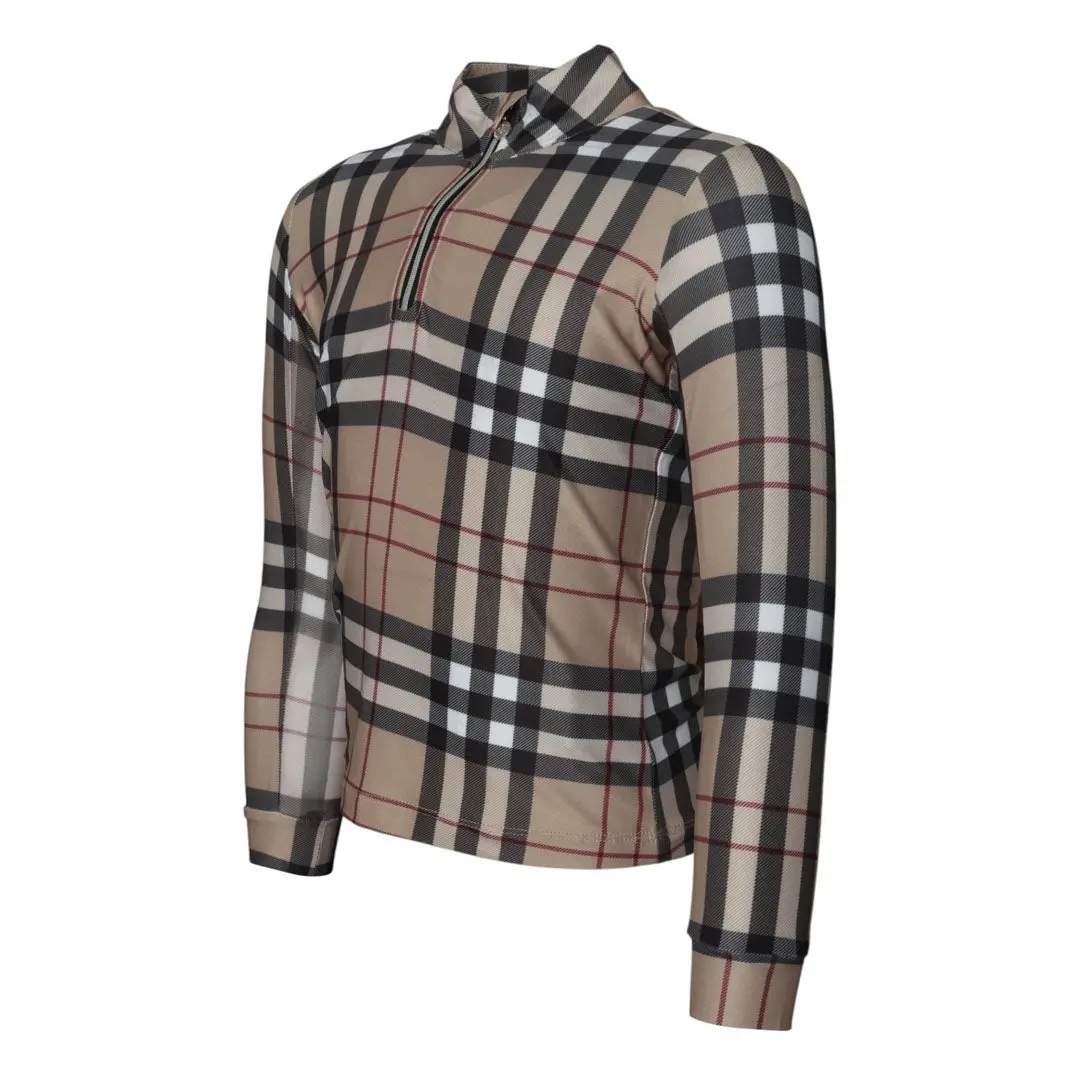 Dapplebay Holiday Plaid Kid's 1/4 Zip Riding Top-Tan 1