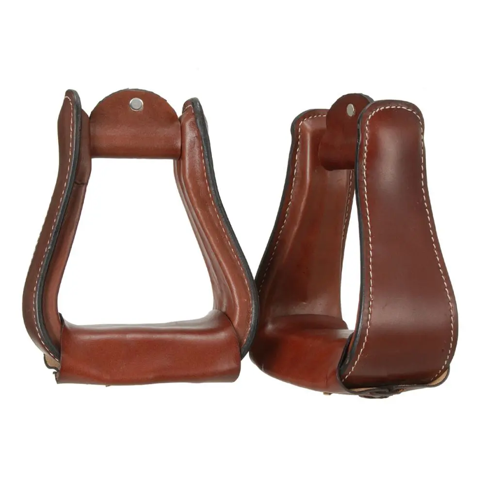 Tough 1 Wide Leather Covered Horse Stirrups Pair W/ Dark Oil 2 1/2" Neck 1