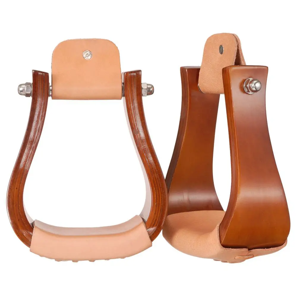 Tough 1 Solid Hardwood Horse Bell Stirrups Pair Oil Lacequer Finish W/ 3" Neck 1