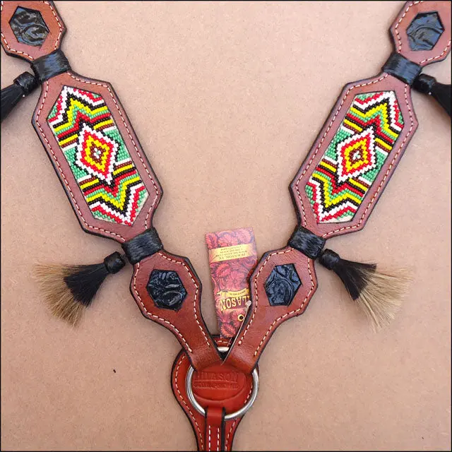 Hilason Western Leather Breast Collar Mahogany Beaded Inlay Hair Tassel 1