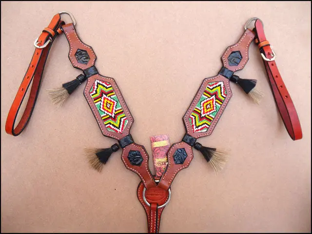 Hilason Western Leather Breast Collar Mahogany Beaded Inlay Hair Tassel 2