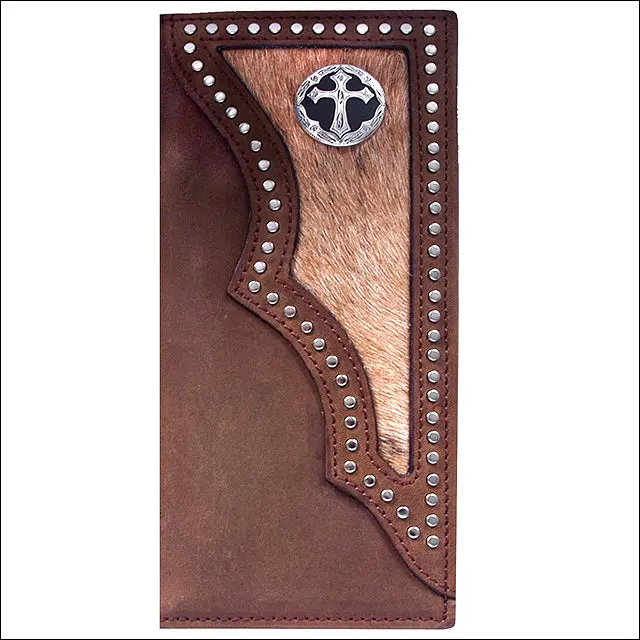 3D Dark Brown Western Leather Mens Rodeo Wallet Hair On Inlay Cross Concho 1