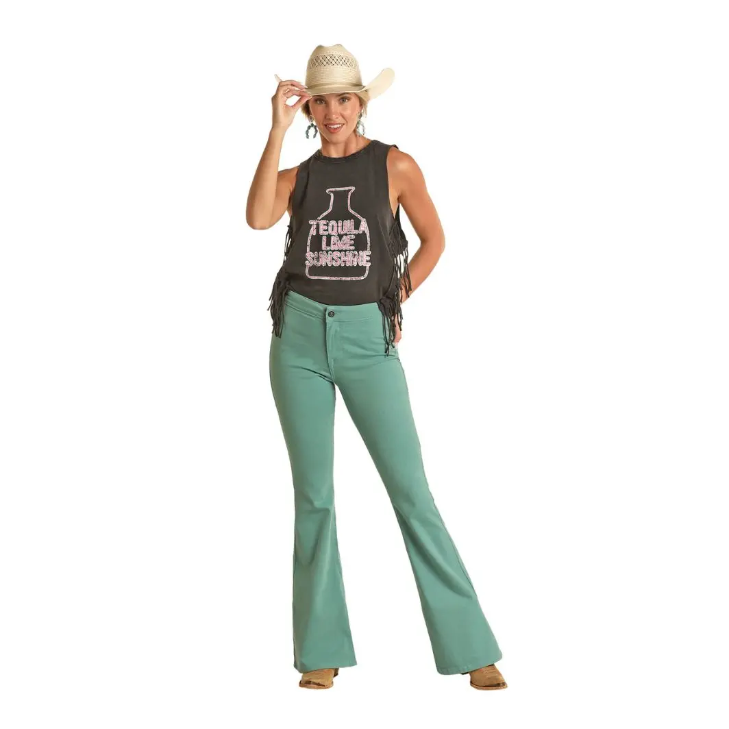 Rock & Roll Denim Ladies Turquoise Button Flare Jean 1