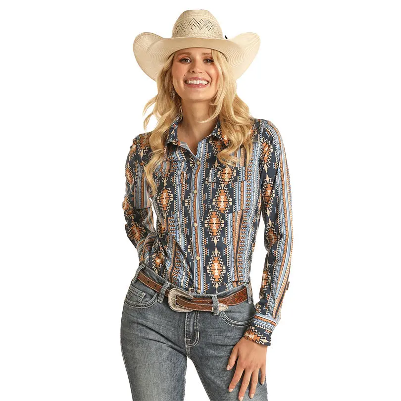 Rock & Roll Denim Ladies Snap Shirt W/ Aztec Print 1