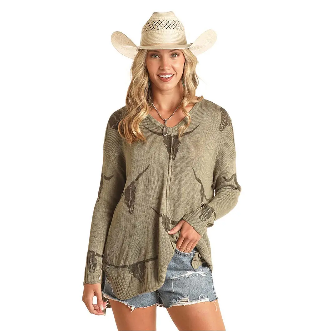 Rock & Roll Denim Ladies Sweater W/ Longhorn Design 1