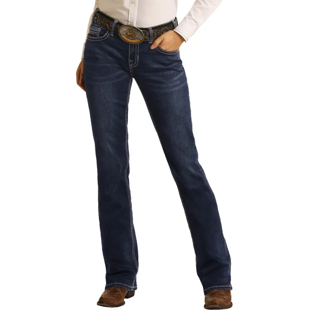 Rock & Roll Denim Ladies Mid Rise Extra Stretch Bootcut Riding Jeans- Dark Wash 1