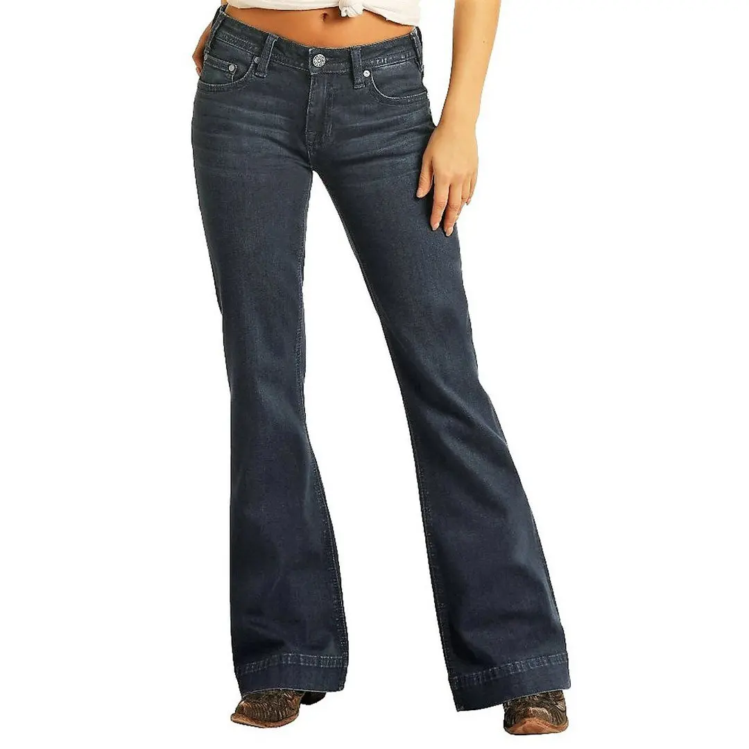 Rock & Roll Denim Ladies Mid Rise Extra Stretch Trousers- Dark Wash 1