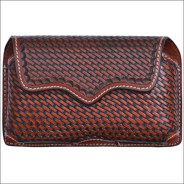 3D Tan Basketweave Leather Hand Tooled Large Smartphone Holder W/ Metal Clip 1