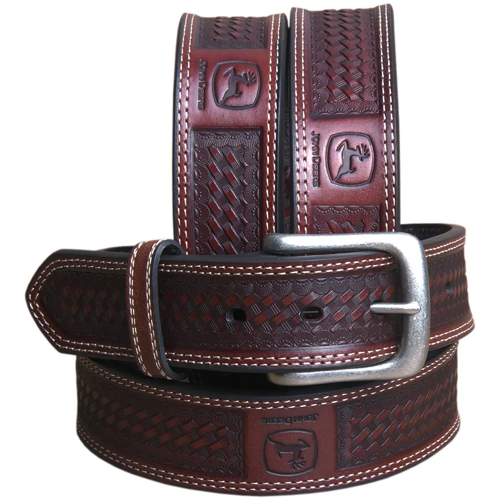 John Deere Brown Basket Weave Genuine Leather Belt For Men Durable Nickel Buckle 2