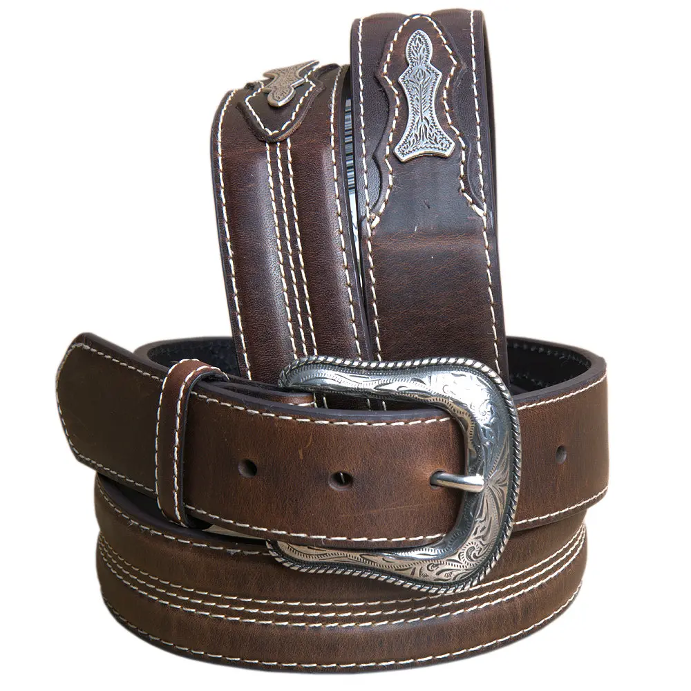 42" Roper Silver Buckle Leather Mens Belt 1-1/2" Wide Brown 1