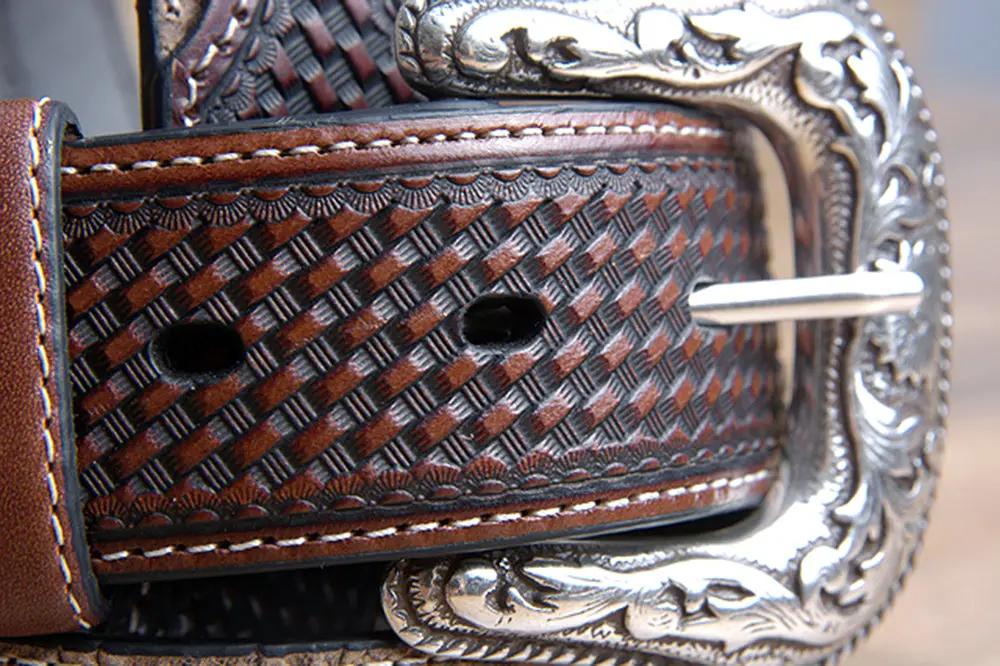 44" Roper Mens Basketweave Top Grain Leather Belt Bark Design 1 1/2" Wide Brown 2