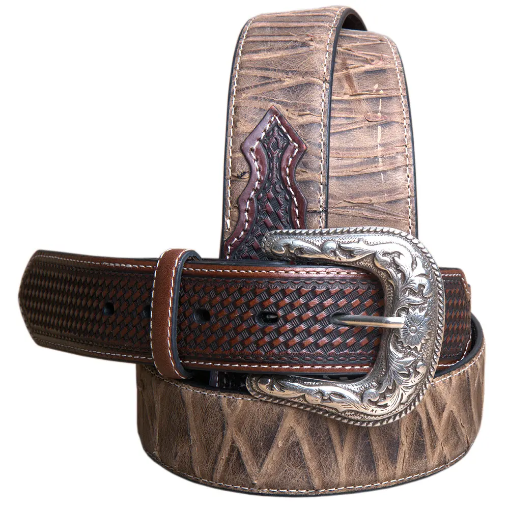 46" Roper Mens Basketweave Top Grain Leather Belt Bark Design 1 1/2" Wide Brown 1