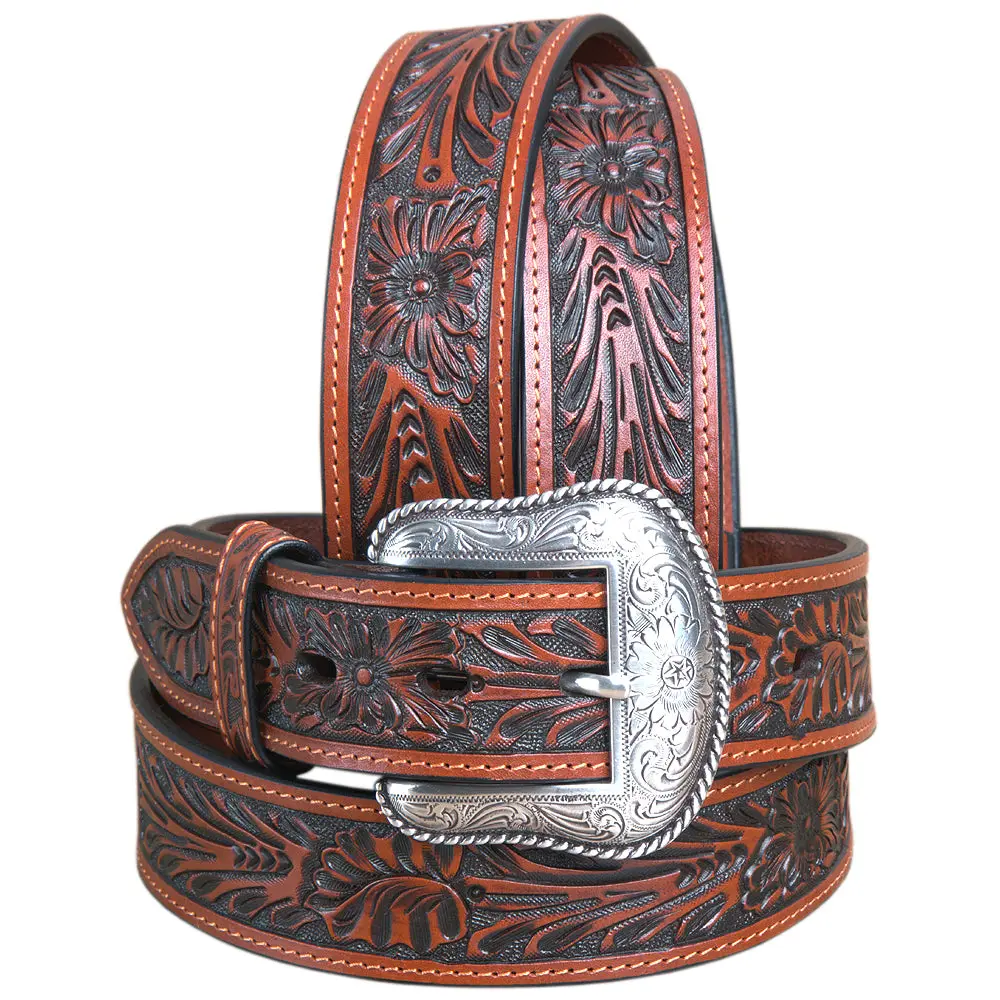 44" Roper Mens Tan Hand Tooled Floral Design Belt With Silver Buckle 1