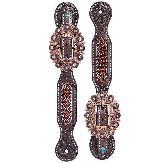 Weaver Beaded Basketweave Tooling Ladies Spur Straps Dark Oil 1