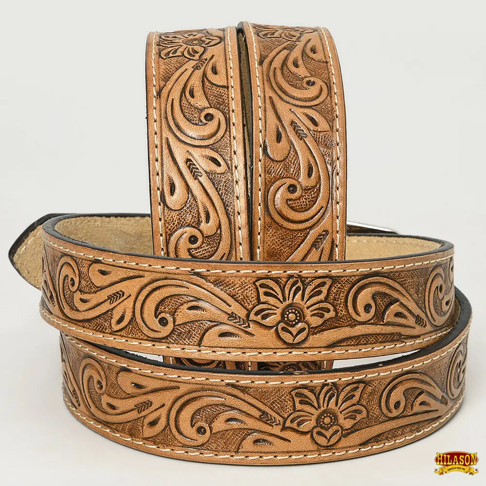 Hilason Western Genuine Leather Belt For Men Women Cowboy Cowgirl Handmade Unisex Full Grain Heavy Duty Floral Tooled 2