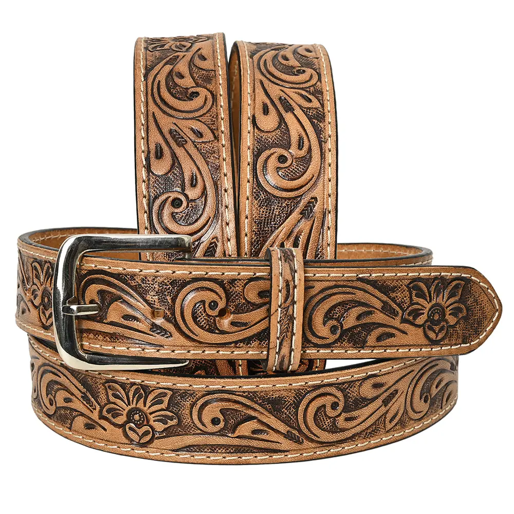 Hilason Western Genuine Leather Belt For Men Women Cowboy Cowgirl Handmade Unisex Full Grain Heavy Duty Floral Tooled 1