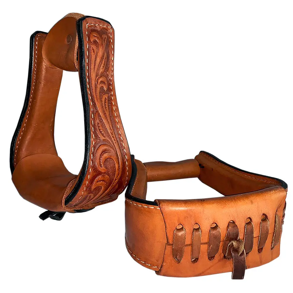 3 In Neck Circle Y Horse Saddle Floral Leather Covered Show Stirrups Pair 1