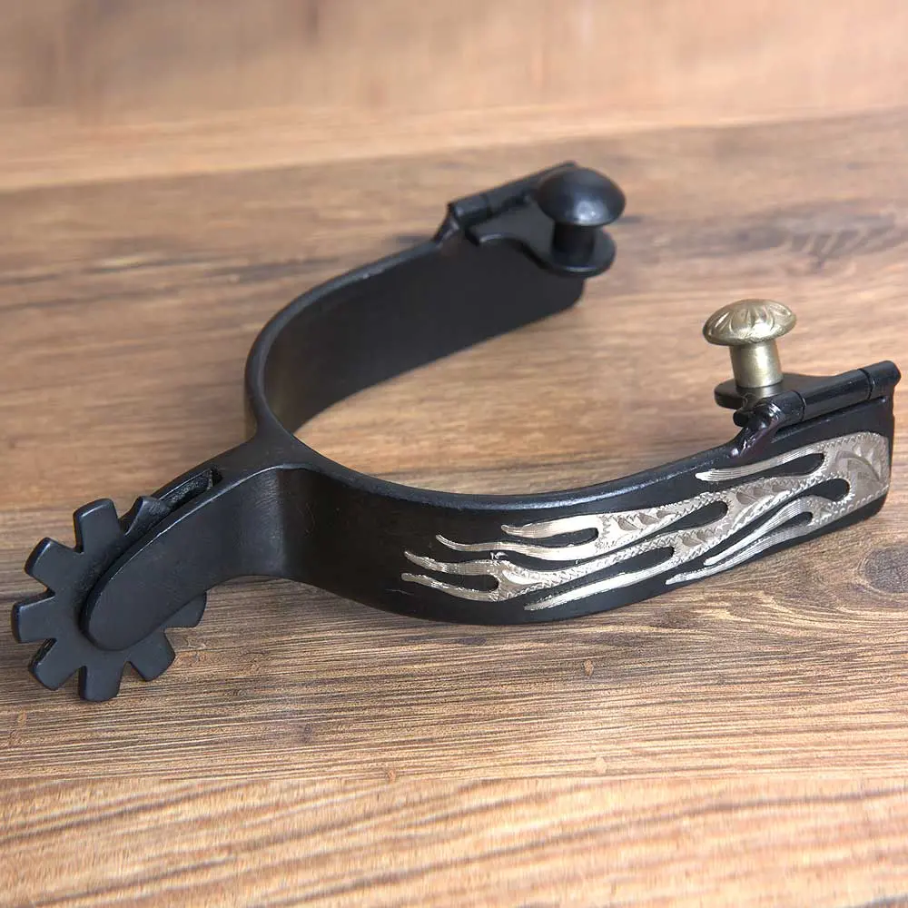 Hilason Western Black Steel Mens Flames Engraved Horse Riding Spurs Pair 1
