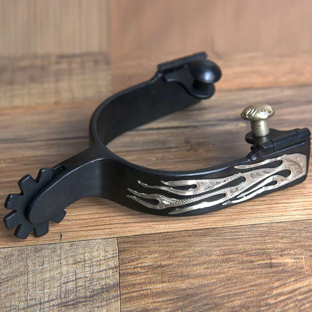 Hilason Western Black Steel Ladies Flames Engraved Horse Riding Spurs Pair 1