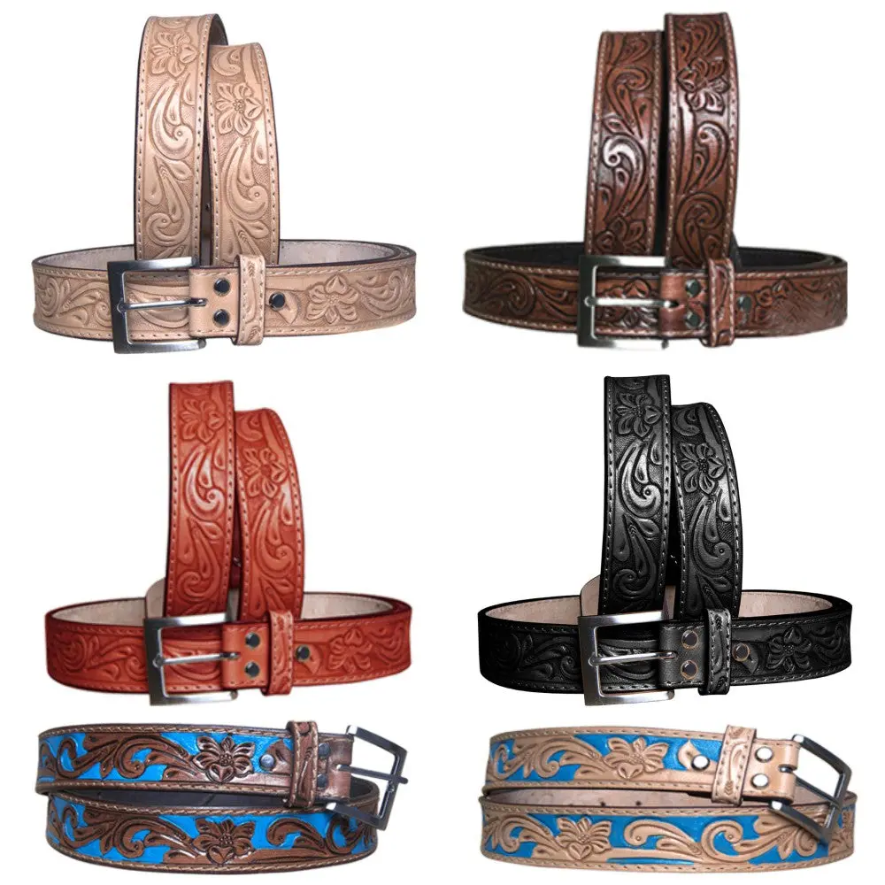 Hilason Western Genuine Leather Belt For Men Women Cowboy Cowgirl Handmade Unisex Full Grain Heavy Duty Floral Tooled 1
