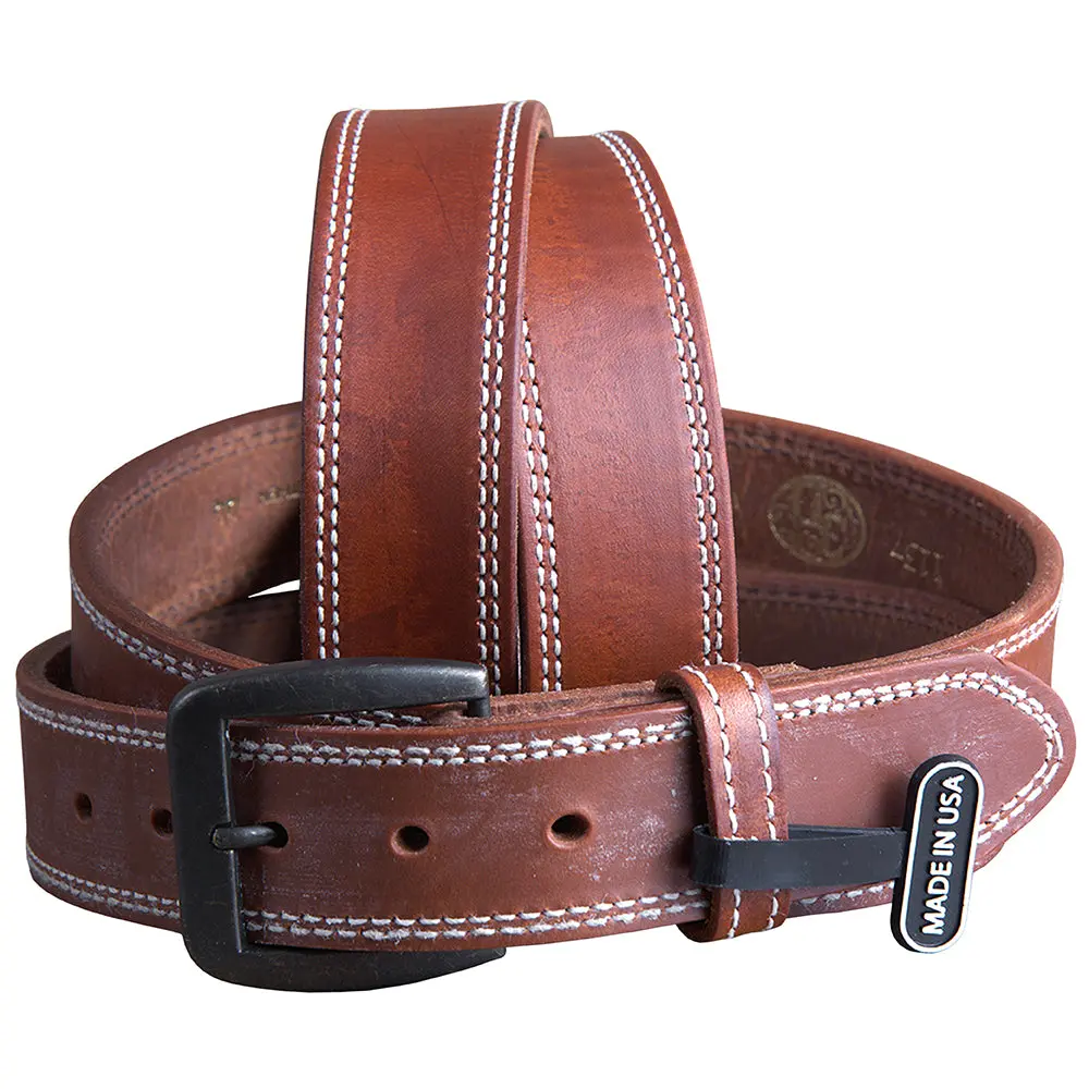 34 Inch 3D Brown Mens Leather Stitched Basic Belt Brass Buckle 1