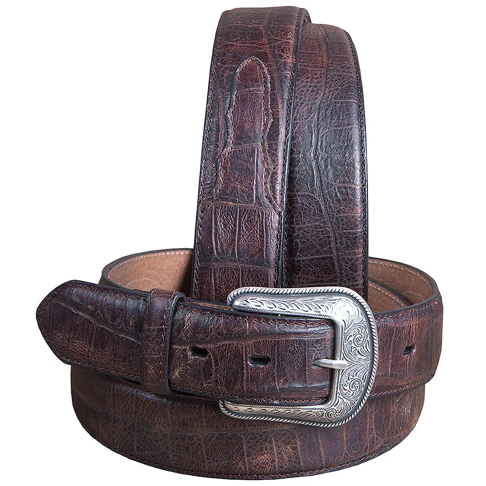 Mens M&F Western Distressed Brown Croc Print Leather Belt Engraved Silver Buckle 3