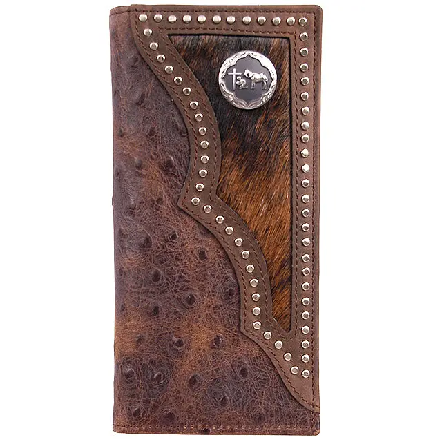 7 1/4" X 3 1/2" 3D Brown Western Ostrich Print Rodeo Wallet W/ Hair On Inlay 1