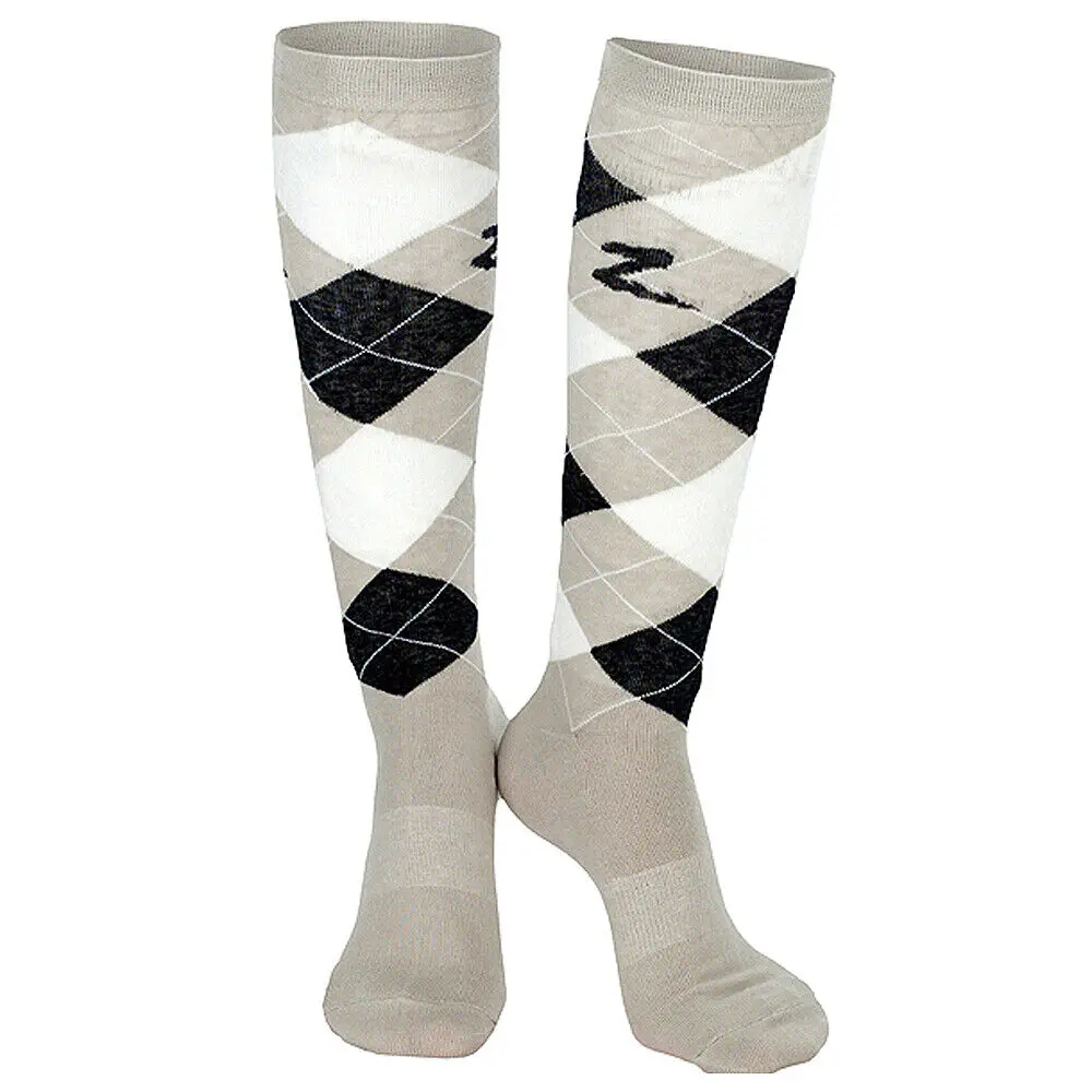 8.5-9.5 Horze Holly Argyle Fabric Cotton Ladies Pair Knee Socks String Beige 1