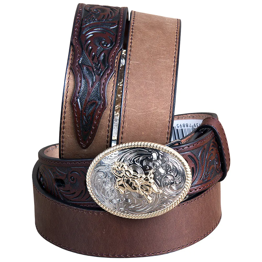 18 Inch 3D Dark Brown Leather Floral Boys Youth Cowboy Basic Belt 1