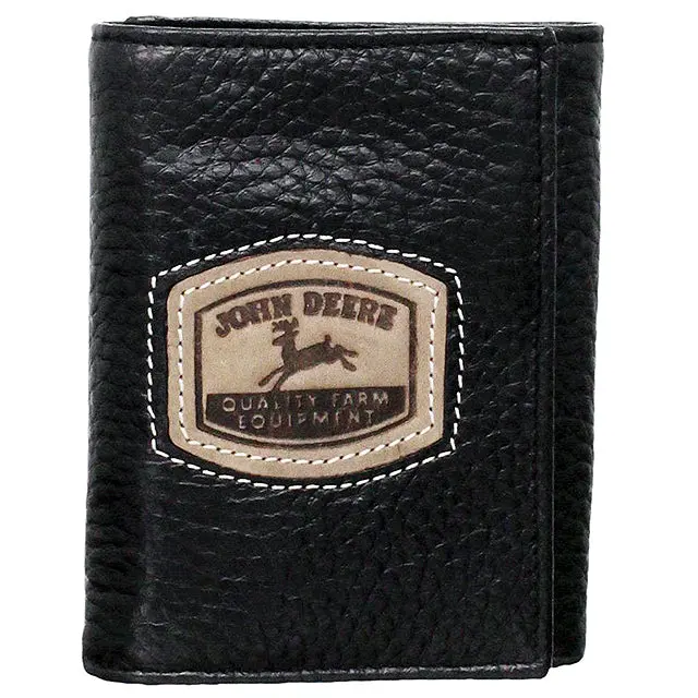 John Deere Pebble Leather Tri Fold Wallet W/ Historical Embossed Logo Black 1