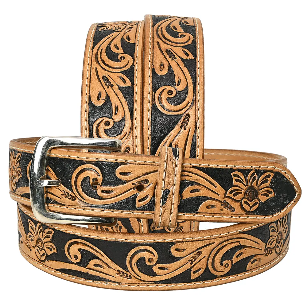 Hilason Western Genuine Leather Belt For Men Women Cowboy Cowgirl Handmade Unisex Full Grain Heavy Duty Floral Tooled 1