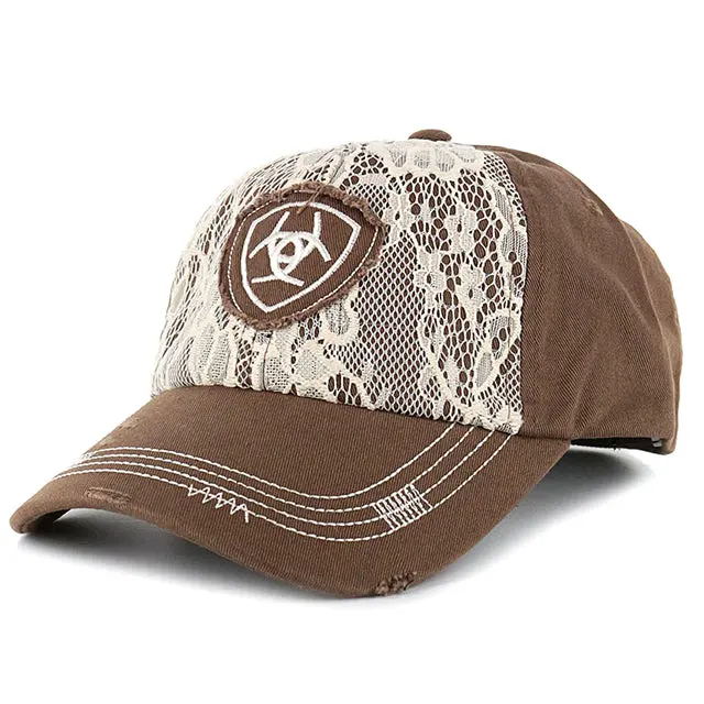 Ariat Womens Adjustable Logo & Lace Overlay Cotton Baseball Cap Brown 1