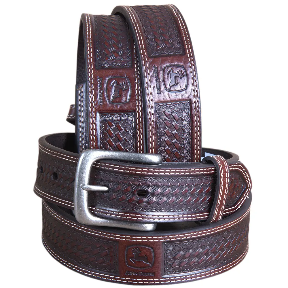 40" John Deere Wide Top Grain Basketweave Leather Mens Cowboy Belt Chocolate 1