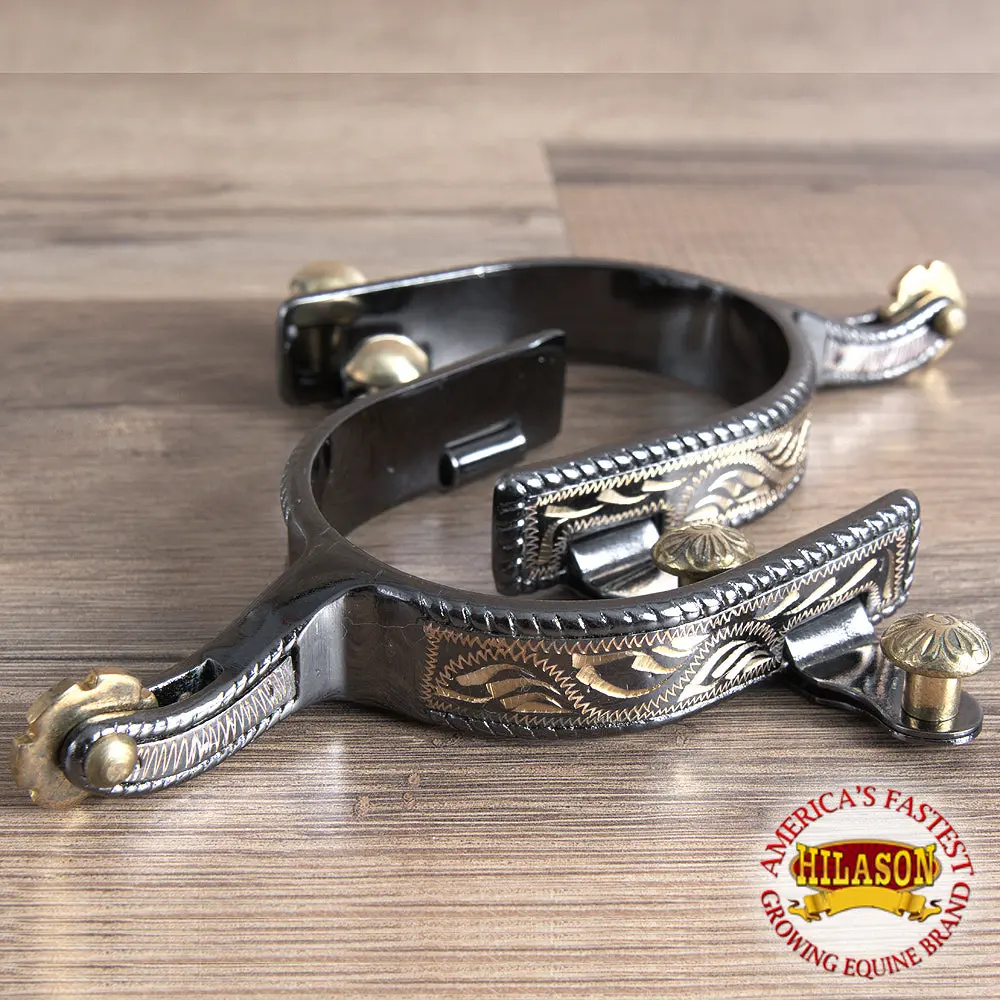 Midnight Silver Engraved Band Ladies Spurs W/ And Rosebud Rowel 1
