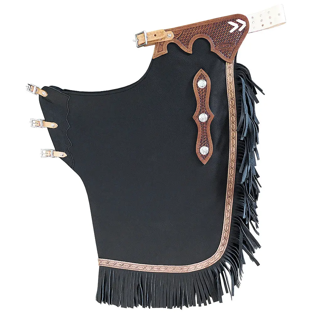 Hilason Bull Riding Chinks Adult Pro Rodeo Bronc Leather Black | Handmade Chaps Western For Adults Hand Tooled 1