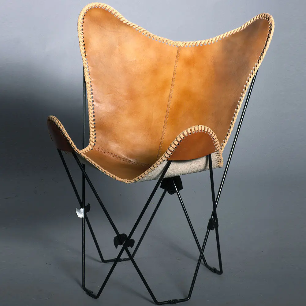 Genuine Leather Butterfly Chair Folding Lounge Modern Sling Accent Seat 2