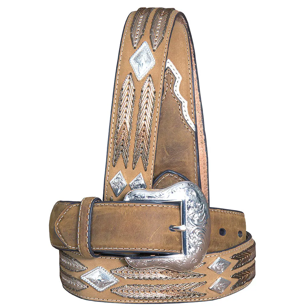 Nocona Leather Mens Belt Lacing Design Silver Diamond Conchos Brown 1