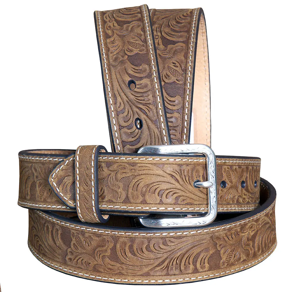 Nocona Leather Mens Belt Embossed Floral Tooled Engraved Buckle 1