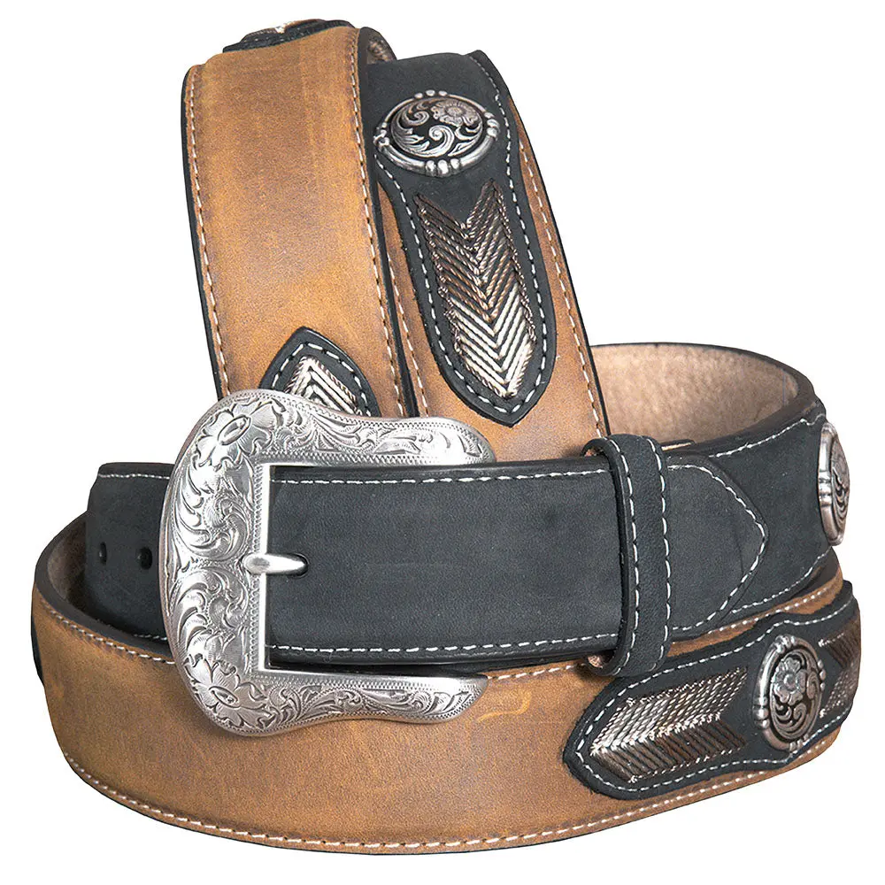Nocona Leather Mens Belt String Lace 1-1/2 In Silver Conchos Black 1