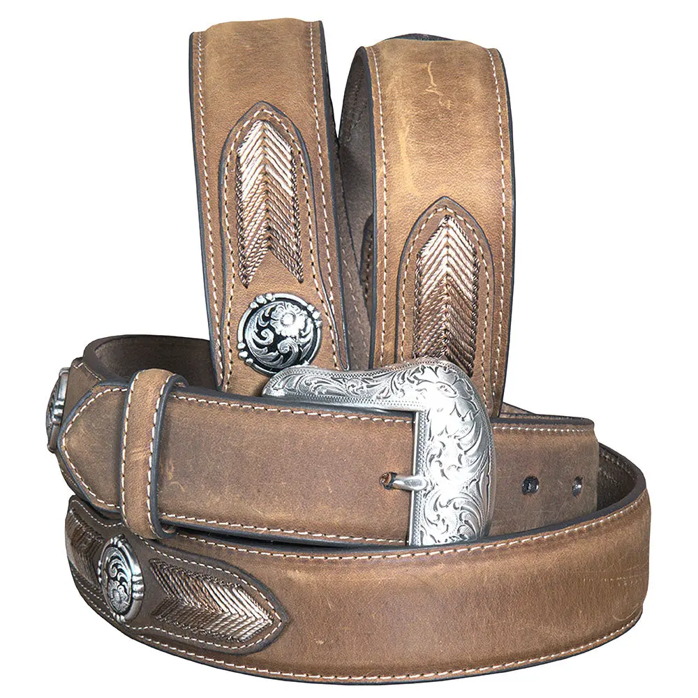 Nocona Leather Mens Belt String Lace 1-1/2 In Silver Conchos Distressed 1