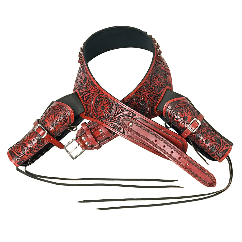 Hilason Double Caliber 44/45 Leather Cowboy Gun Rig Holster Mahogany | Costume Belt 1