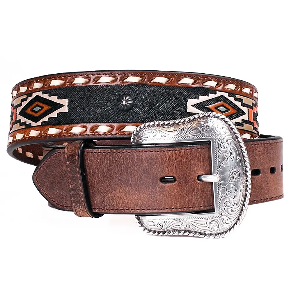 42" Roper Mens Leather Tribal Inspired 1.5" Wide Belt Aztec Whipstich Brown 1