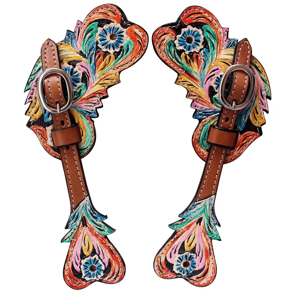 Hilason Western Spur Straps Leather Light Oil W/ Hand Paint Inlay 1