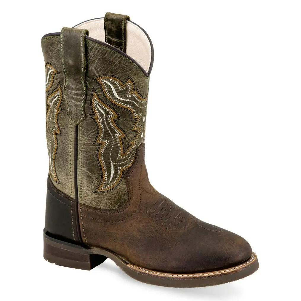 Old West Children's Brown And Olive Green Broad Square Round Toe Boot 1